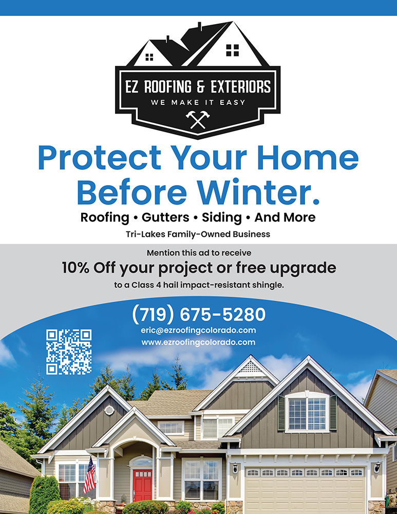 EZ Roofing & Exteriors ad offering roofing services. Mention the ad for a 10% discount or free upgrade. Includes contact info and QR code. Features a house with trees in the background.