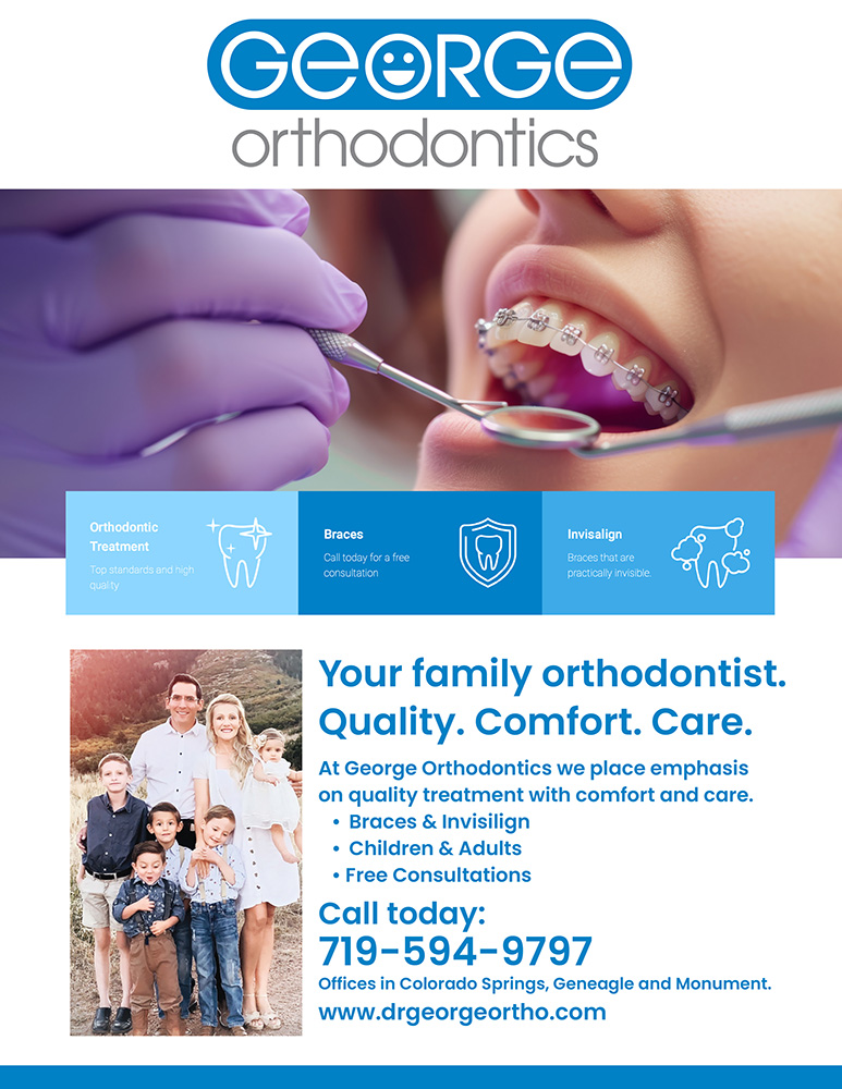 Advertisement for George Orthodontics featuring a family photo and a close-up of a patient receiving orthodontic care. Includes contact details and services offered: braces, Invisalign, and free consultations.