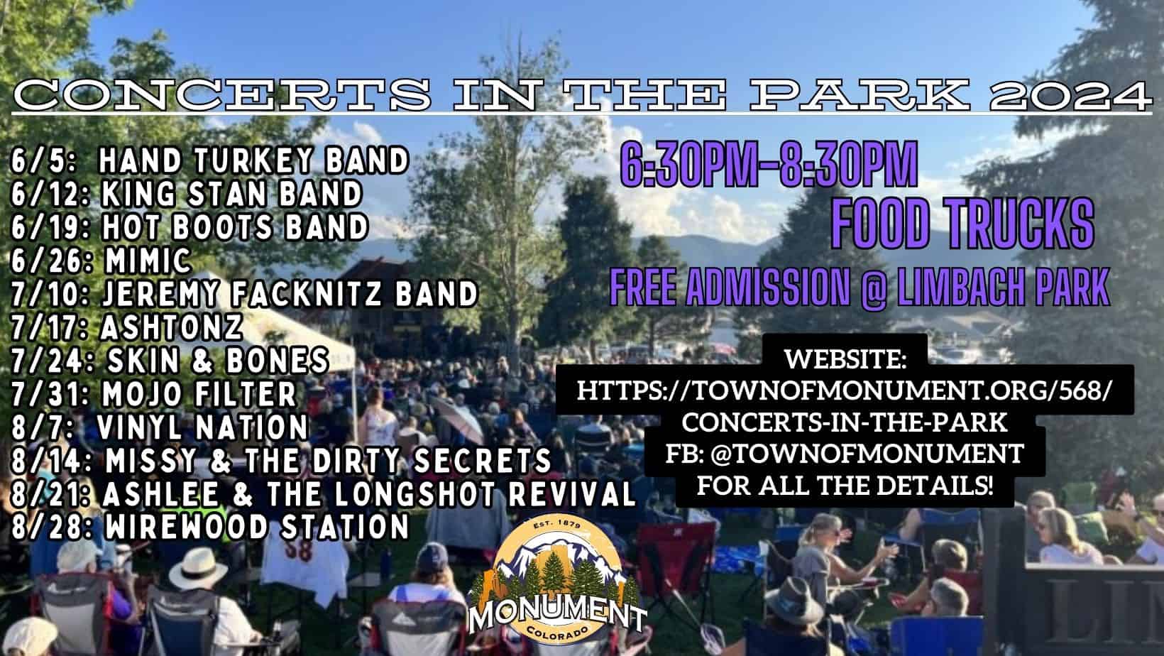 Concerts in the Park 2024 lineup with dates; features food trucks, free admission at Limbach Park. Website and contact information included. People seated on the grass, stage in the background.