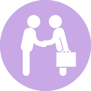 Two stick figures shaking hands, with one holding a briefcase, on a purple circular background.