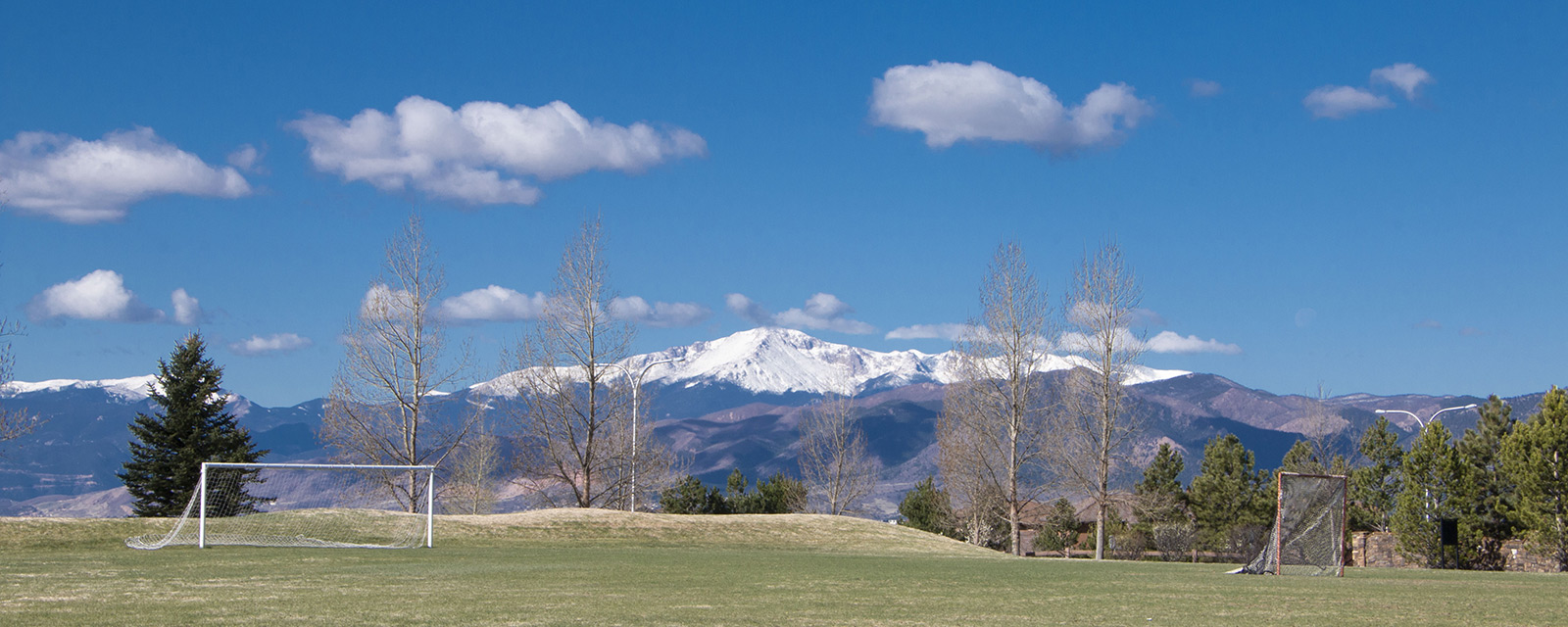 Soccer field with two goals, surrounded by trees, with snowy mountains and a blue sky in the background.