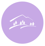 A white outline of hills and trees on a solid purple background.