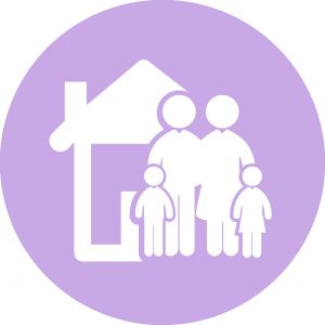 Icon of a family with two adults and two children in front of a house, set against a purple circular background.