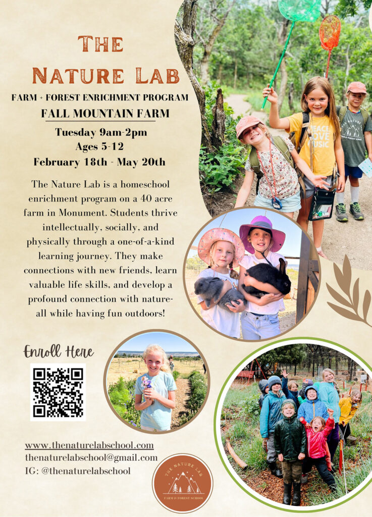 Flyer for The Nature Lab, a homeschool program for ages 5-12 at Fall Mountain Farm. Classes are on Tuesdays from 9am-2pm, February 18th to May 20th. Includes photos of children outdoors.