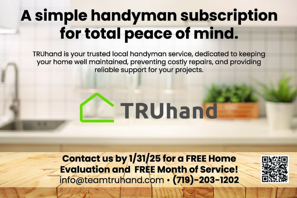 Advertisement for TRUhand handyman subscription service, offering maintenance, repairs, and project support. Contact details and offer for free evaluation and service month included.