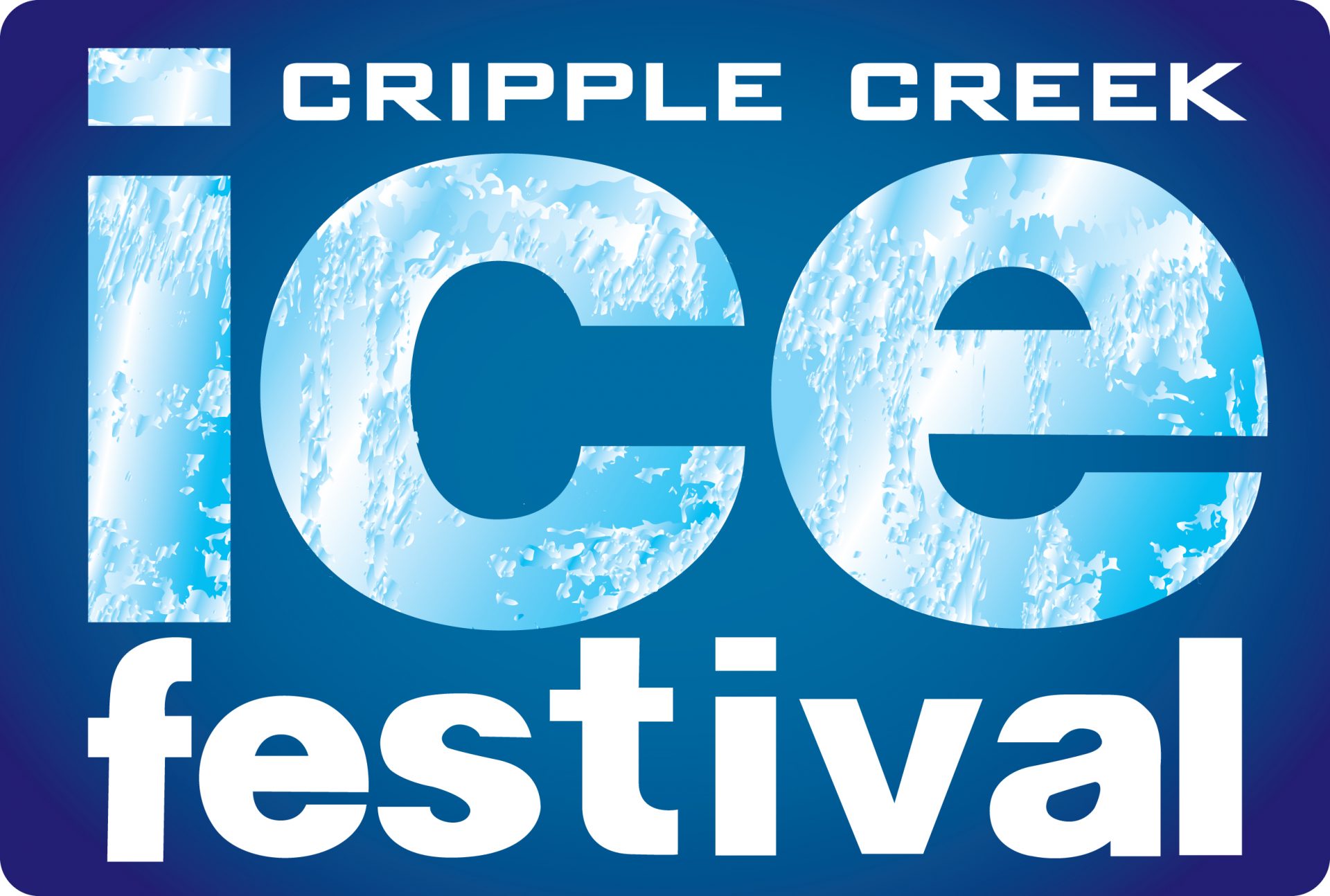 Logo for the Cripple Creek Ice Festival, featuring "ice" in large textured letters on a blue background.