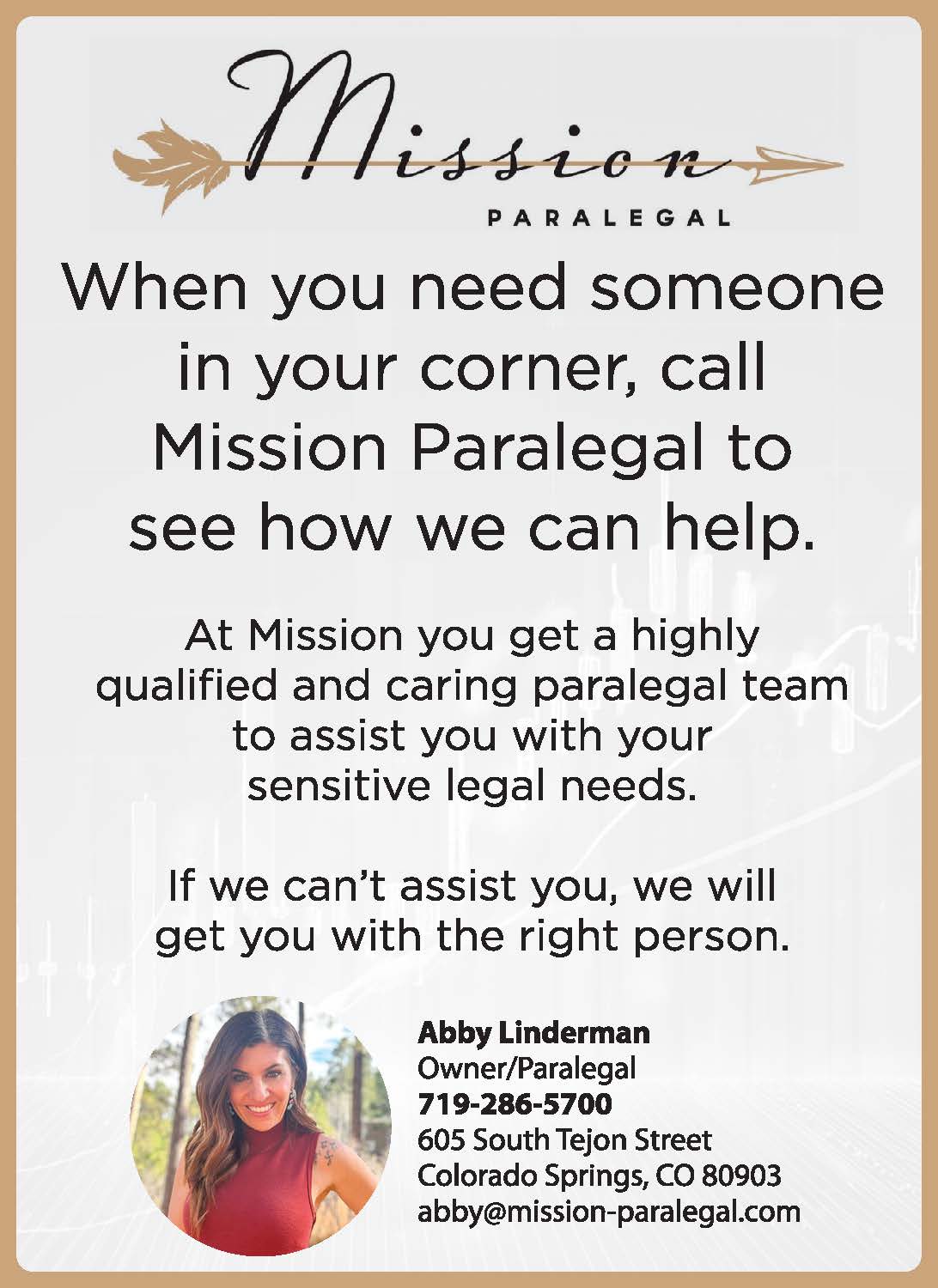 A flyer for Mission Paralegal with contact details, a photo of Abby Linderman, and text describing their qualified paralegal services for sensitive legal needs.