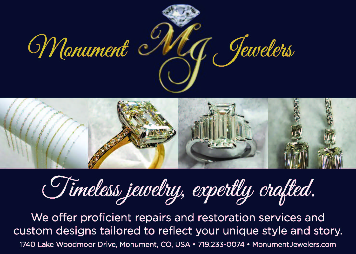 Ad for Monument Jewelers featuring photos of diamond rings and necklaces, with text promoting repairs, restorations, and custom jewelry design services. Contact details included.